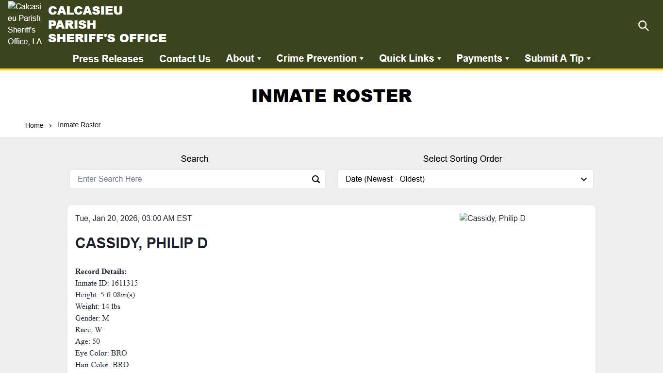 Inmate Roster | Calcasieu Parish Sheriff's Office, LA