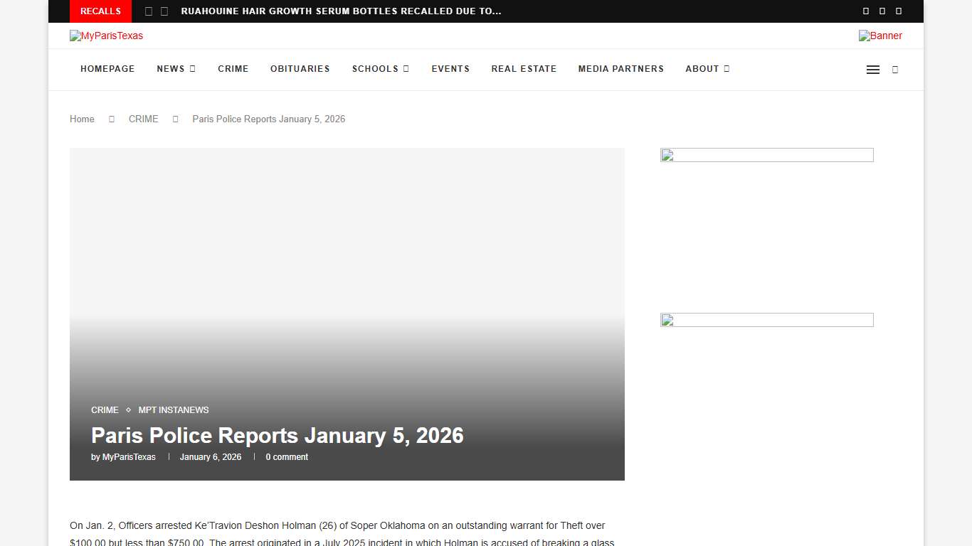 Paris Police Reports January 5, 2026 - MyParisTexas